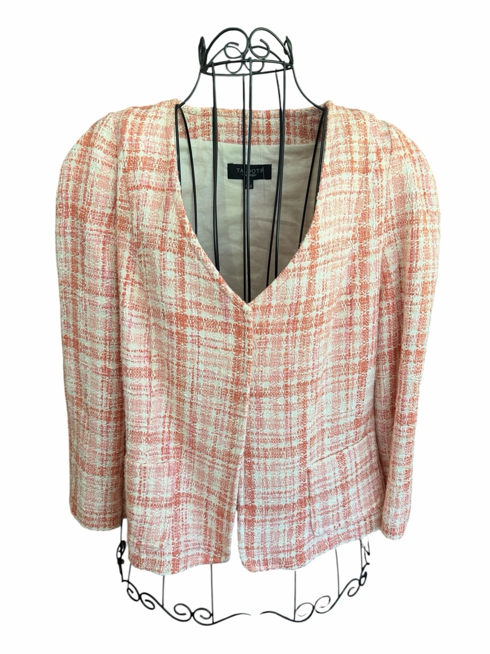 Talbots Pink Tweed Open Front Blazer Jacket Size 12 Lined Career Office
